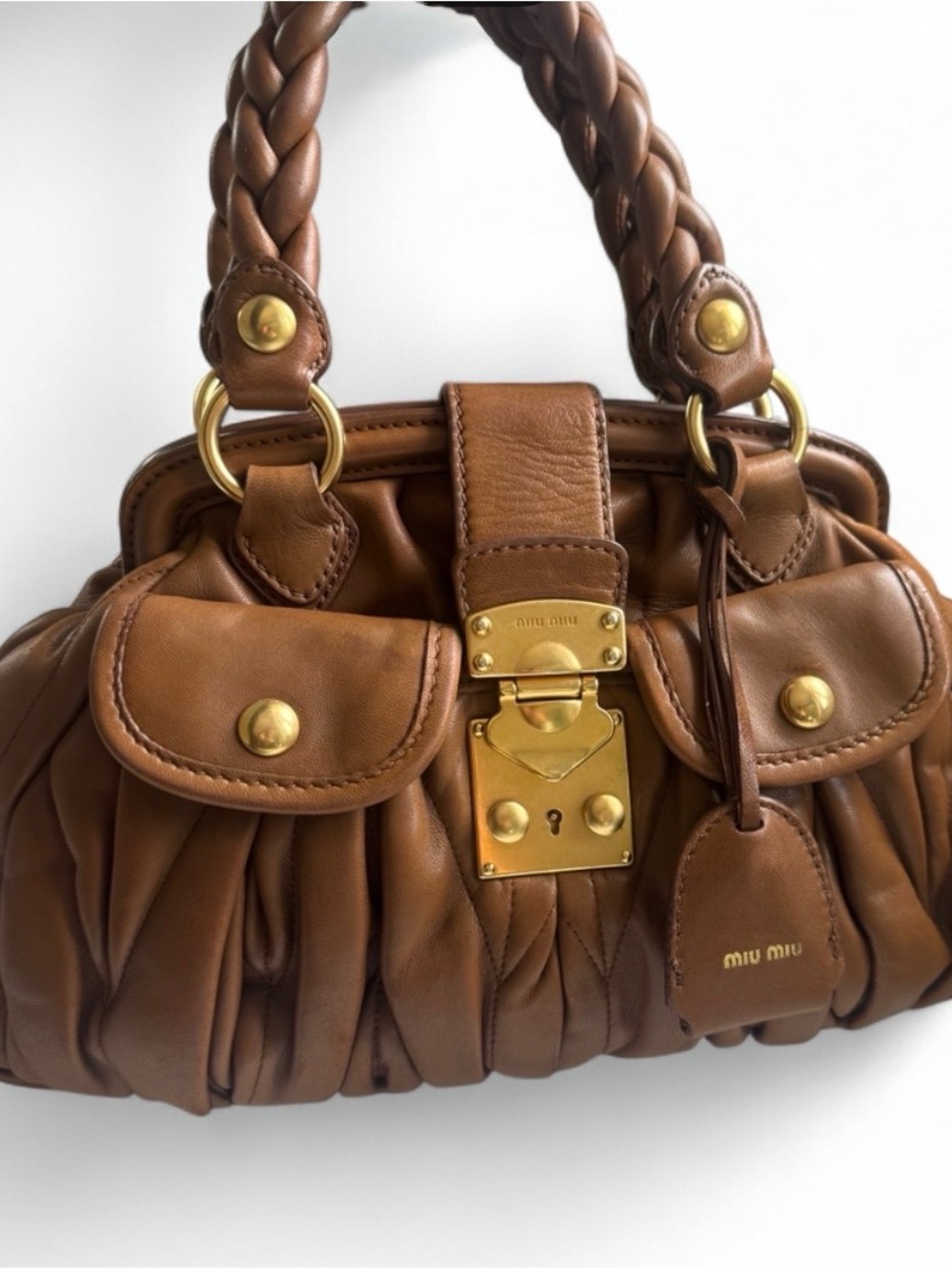 Miu Miu Cognac Brown Ruched Leather Satchel with Braided Handles - Picture 2 of 4